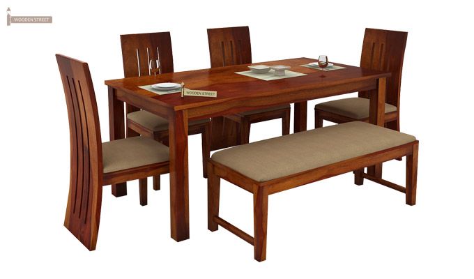 Terex 6 Seater Luxury Dining Set With Bench (Honey Finish)