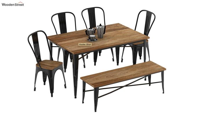 Cora Metal 6 Seater Dining Set with Bench (Natural Finish,Black Metal)
