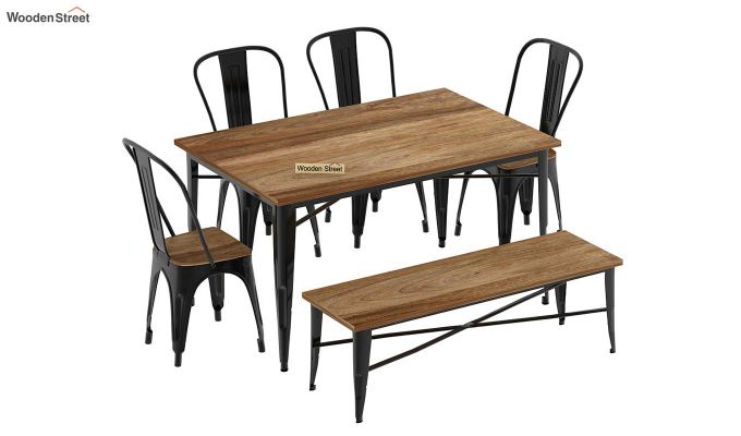 Cora Metal 6 Seater Dining Set with Bench (Natural Finish,Black Metal)