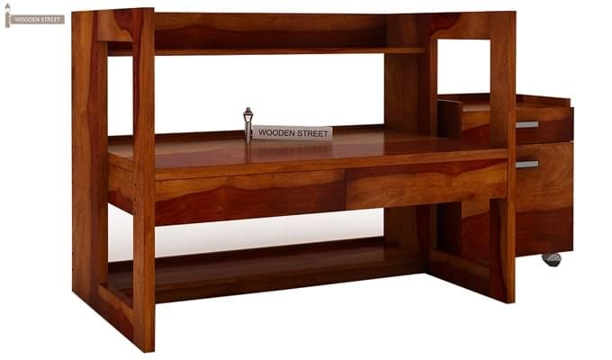 Jerome Adjustable Office Table Cum Bookshelf (Honey Finish)
